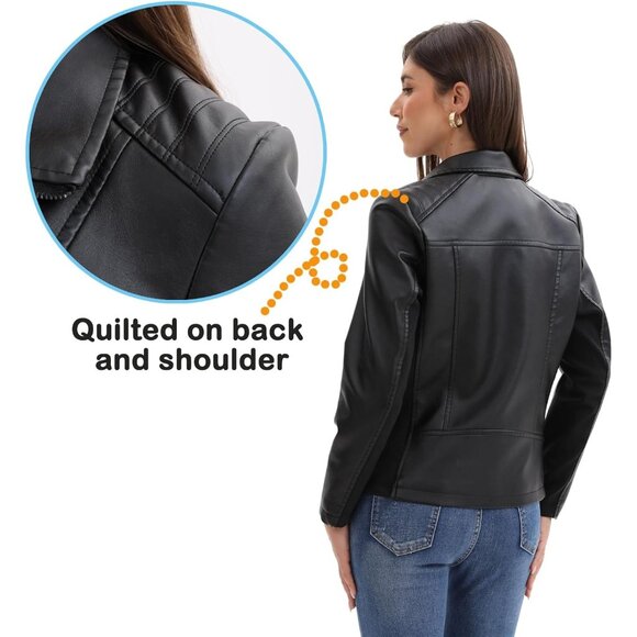 Women Black Faux Leather Motorcycle Jacket Zip Up Trendy Going Out Coat - Picture 5 of 6